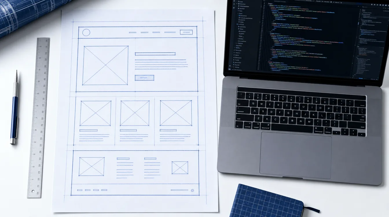 An architect's flat-lay — blueprint paper with a website wireframe drawn in Blueprint-Blue ink, beside a laptop open on the code editor.